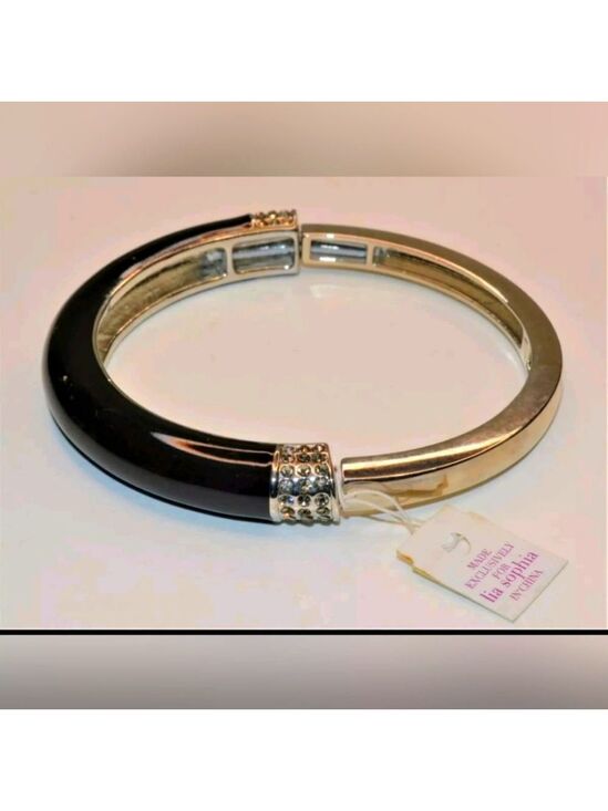 Lia Sophia Jewelry - LIA SOPHIA Silvertone Black Enamel Rhinestone 2 3/4"d Bangle Bracelet NWT
